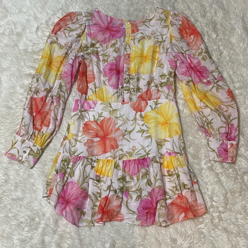 LoveShackFancy Floral Mini Dress in White with Pink & Yellow Blooms - Picture 4 of 7